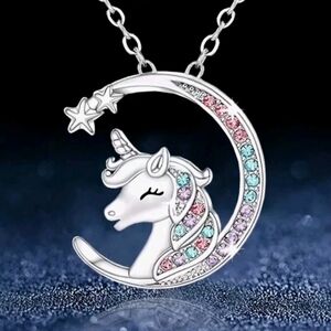 925 Sterling Silver Multicolor‎ Sparkling  Unicorn Cresent Moon Pendant Necklace